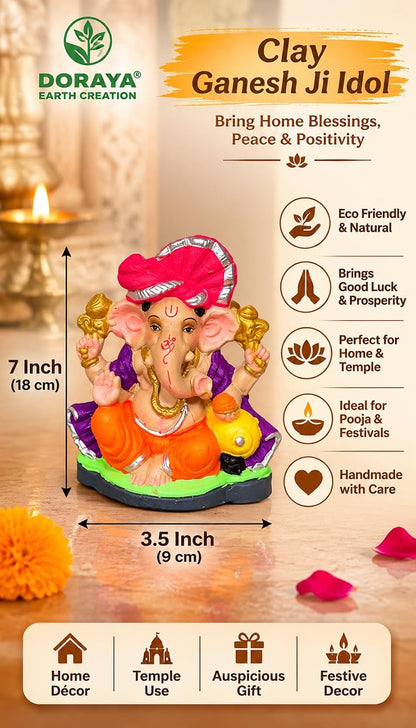 DORAYA EARTH CREATION Clay Ganpati Murti Handmade Eco-Friendly Multicolour Ganesh Idol for Home Temple, Ghar Pooja, Ganesh Chaturthi Decoration, Office Desk & Festive Gift | 6.5 Inch (Clear)