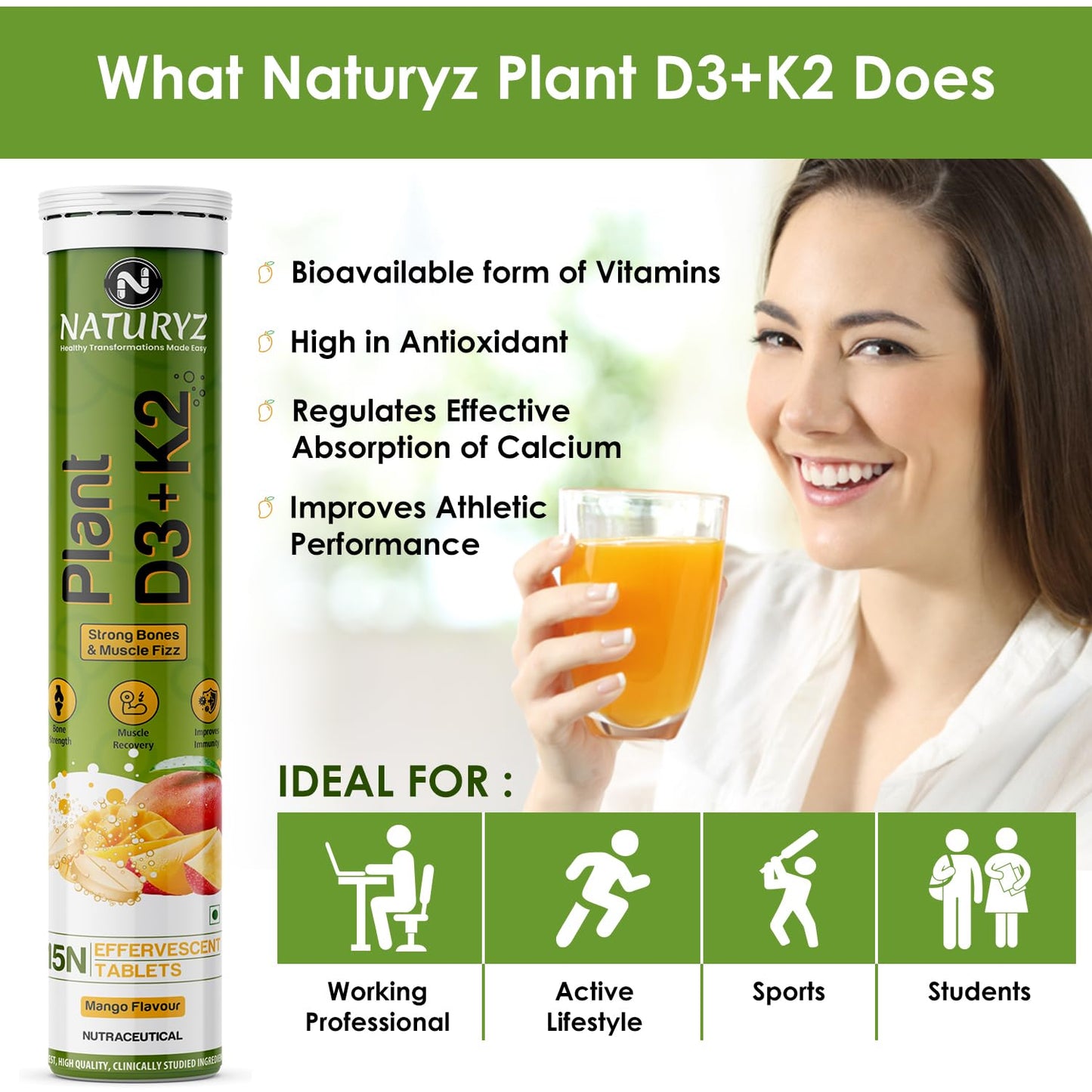 Naturyz Plant D3+K2 supplement with a woman holding a glass of juice, set against a green background.