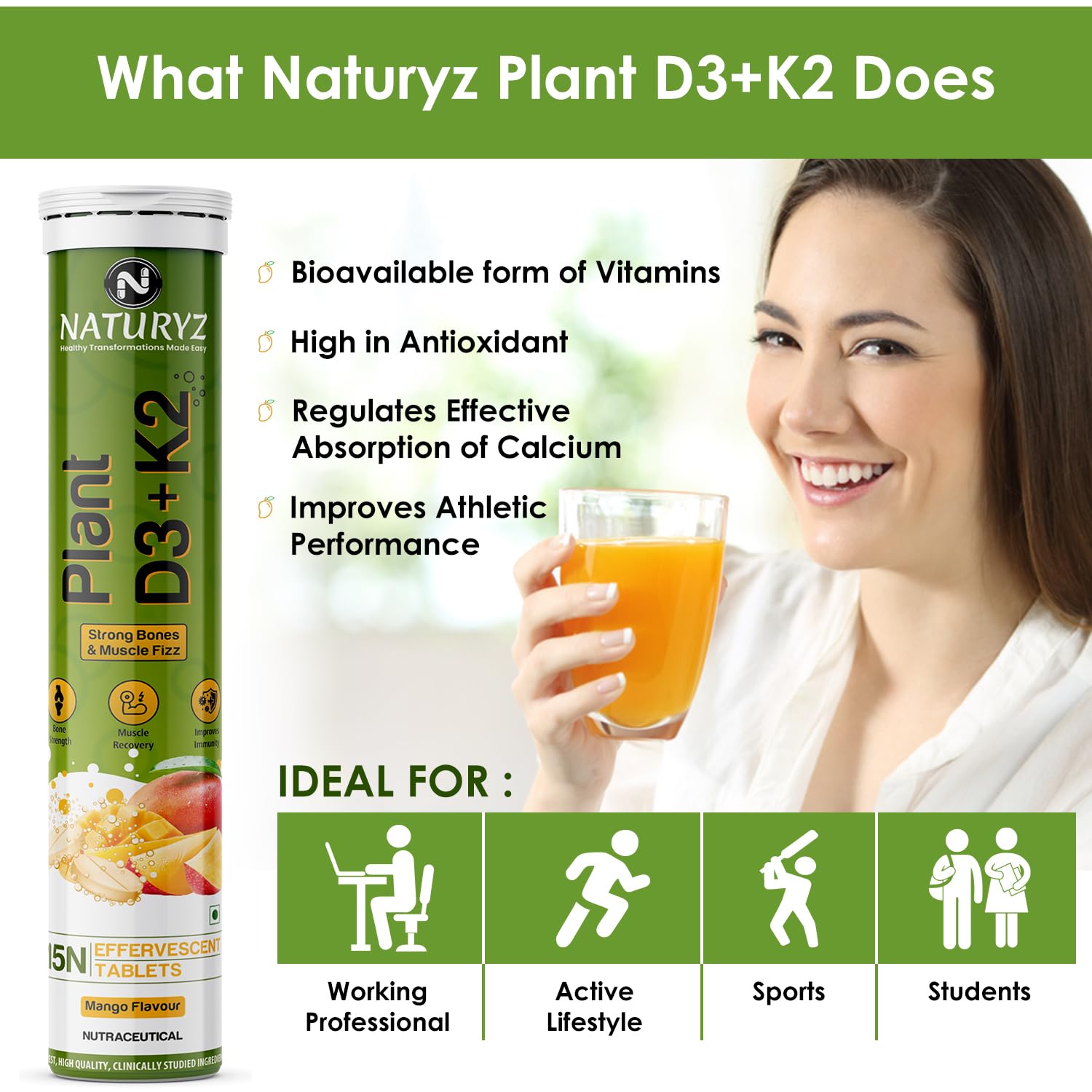 Naturyz Plant D3+K2 supplement with a woman holding a glass of juice, set against a green background.