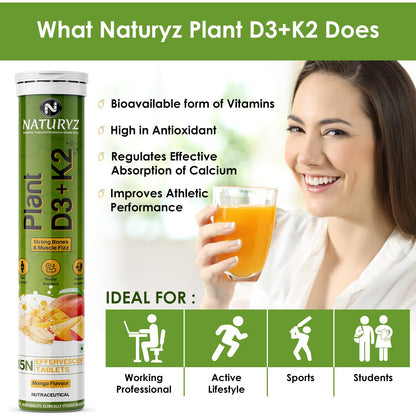 Naturyz Plant D3+K2 supplement with a woman holding a glass of juice, set against a green background.