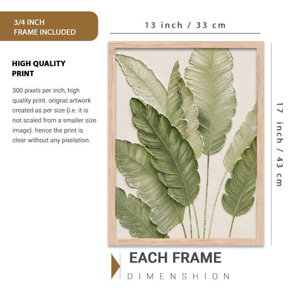 Green Leaf Aesthetic Modern Art Wall Painting | Home Decoration Floral Painting With Frame For Living Room Bedroom Wall Decor | Textured Digital Reprint Set of 1 Size (13X17 INCH)