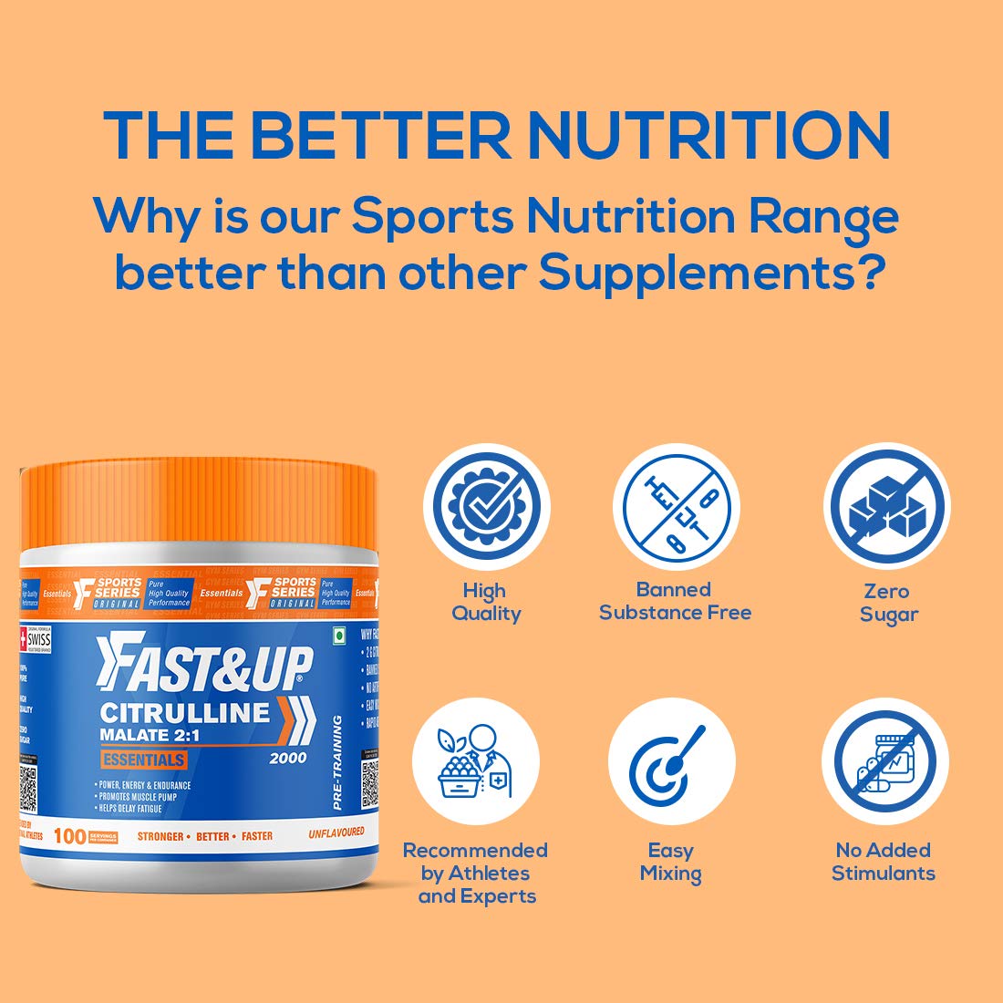 Sports nutrition supplement container with features on an orange background