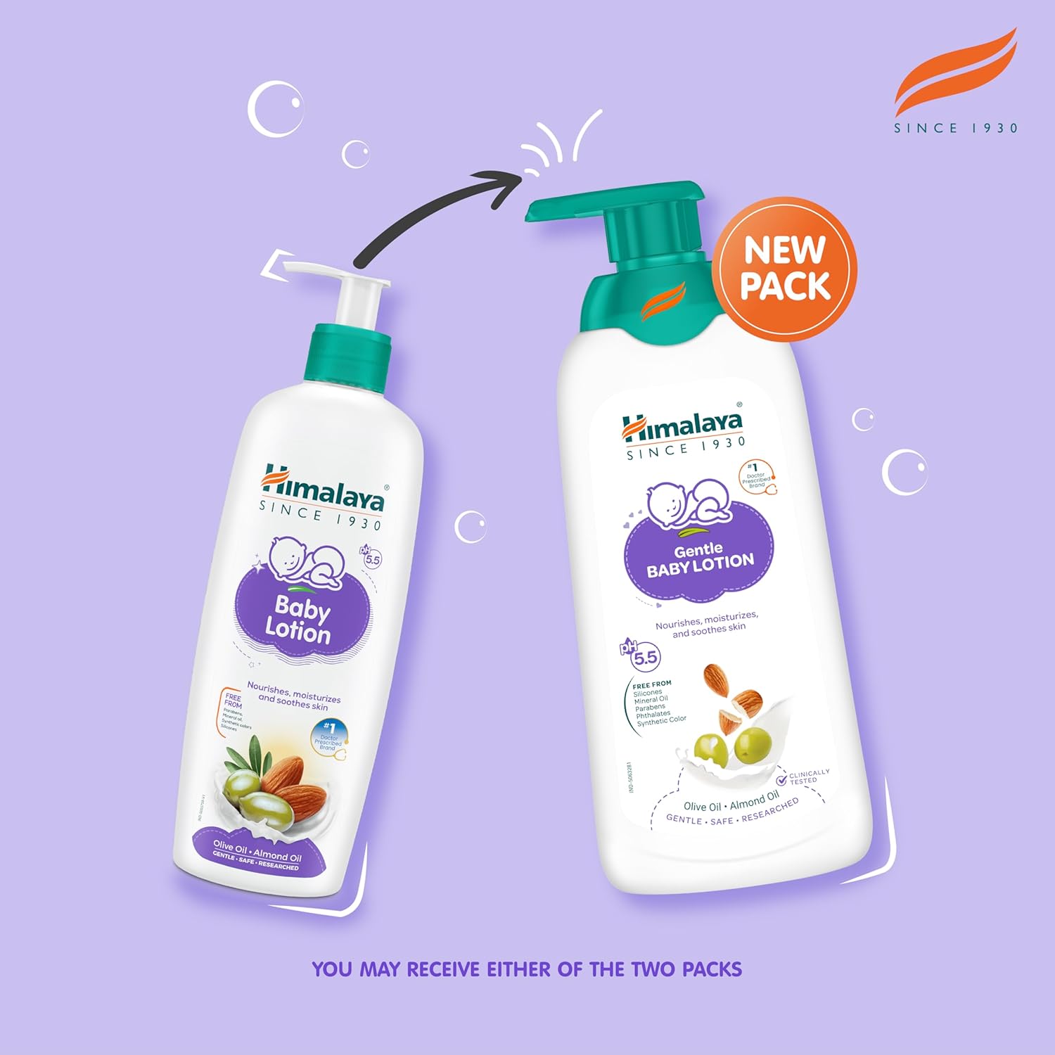 Himalaya Baby Lotion bottles on a purple background with 'New Pack' label.