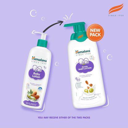 Himalaya Baby Lotion bottles on a purple background with 'New Pack' label.