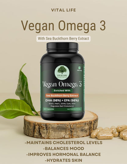 VITAL LIFE Vegan Omega 3 Vegetarian Capsules, 60 Caps | 98% DHA & EPA, Sea Buckthorn Berry, Algal DHA & Flaxseed Extract, Heart, Brain, Joint & Skin Health