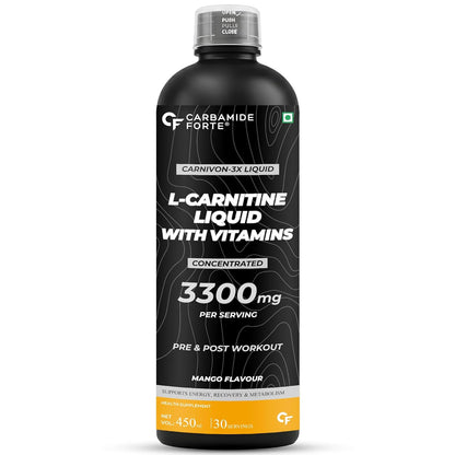 Carbamide Forte L Carnitine Liquid 3300mg | L-Carnitine Liquid With Vitamins | L'Carnitine Supplement For Pre & Post Workout To Suppoer Energy, Recovery & Metobolism | Mango Flavor - 450ml