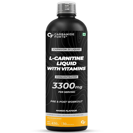 Carbamide Forte L Carnitine Liquid 3300mg | L-Carnitine Liquid With Vitamins | L'Carnitine Supplement For Pre & Post Workout To Suppoer Energy, Recovery & Metobolism | Mango Flavor - 450ml