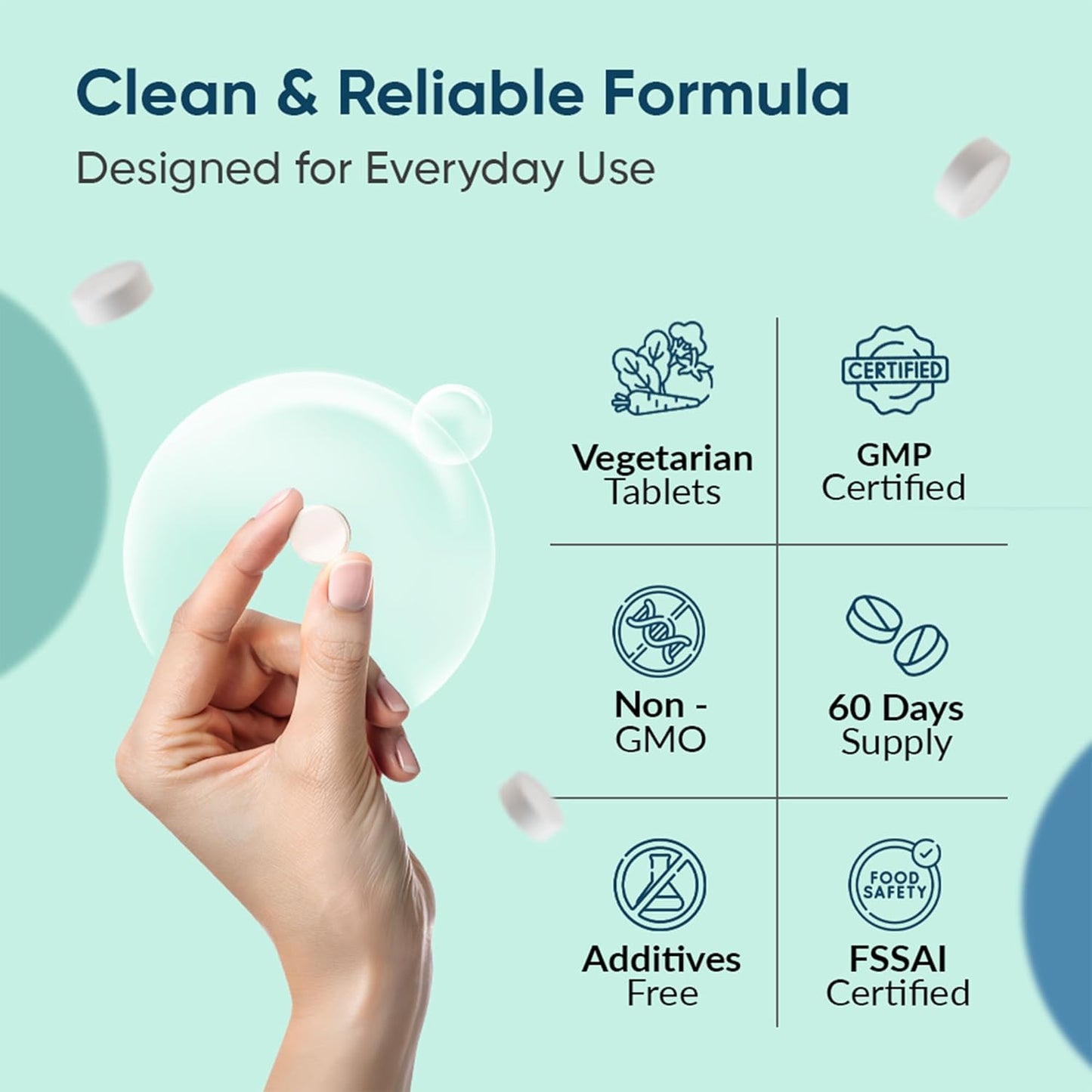 Hand holding a vegetarian tablet with certification icons on a light blue background