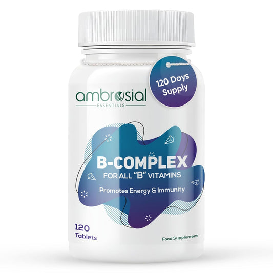 B-complex supplement bottle with 'ambrosial' branding on a white background