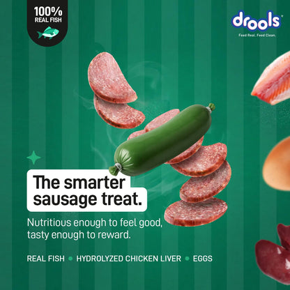 Drools Adult & Puppy Sausage for Dog, 450g | Real Fish Flavour | High Protein | Treat & Food Topper | Grain Free | Best for Training & Bonding | No Preservatives