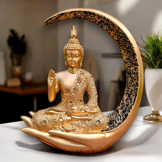 Big Meditating Moon Buddha Statue Showpiece Gold Finish | Spiritual Home Decor Idol for Living Room Meditation Table Office Shelf | Peaceful Zen Figurine Gift for Home Temple