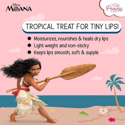 Disney Moana character holding a paddle with product description on a pink background