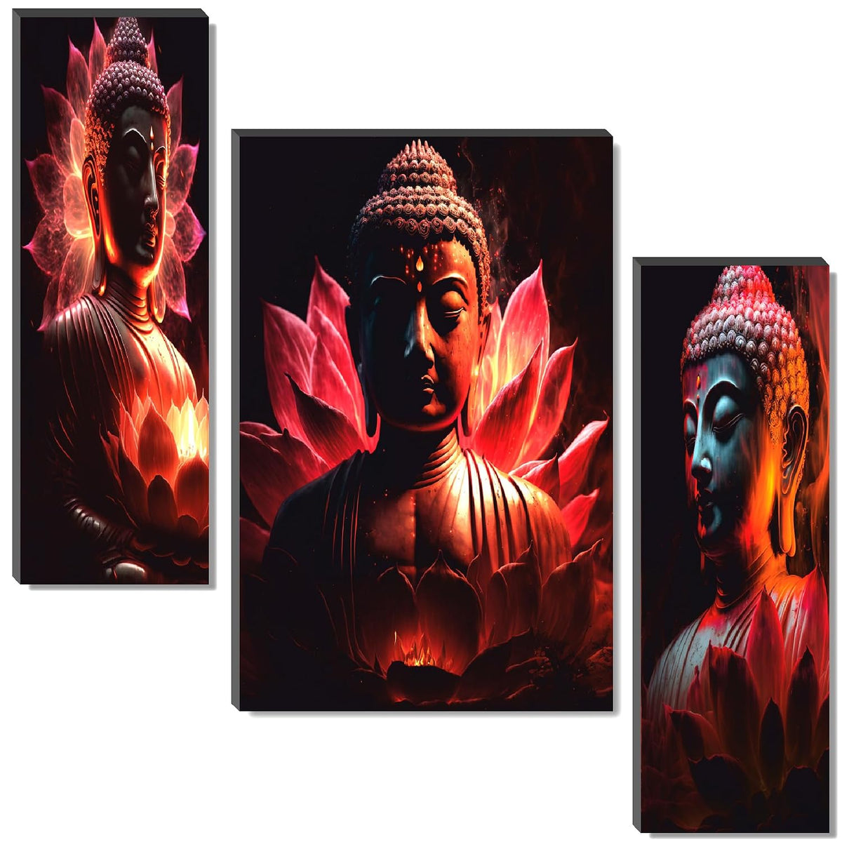 Radiant Red Lotus Buddha Wall Art – 3-Panel UV-Printed Spiritual Triptych | Ready-to-Hang Zen Meditation Home Décor (20 Inch x 12 Inch) JM-35303