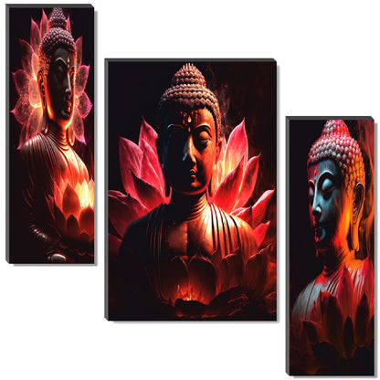 Radiant Red Lotus Buddha Wall Art – 3-Panel UV-Printed Spiritual Triptych | Ready-to-Hang Zen Meditation Home Décor (20 Inch x 12 Inch) JM-35303