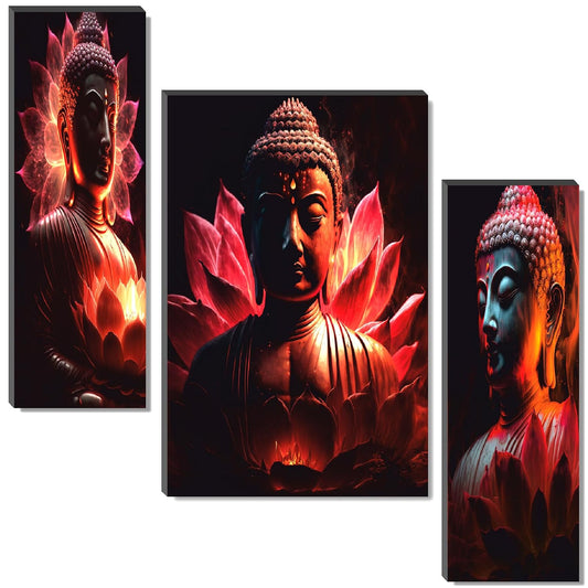Radiant Red Lotus Buddha Wall Art – 3-Panel UV-Printed Spiritual Triptych | Ready-to-Hang Zen Meditation Home Décor (20 Inch x 12 Inch) JM-35303