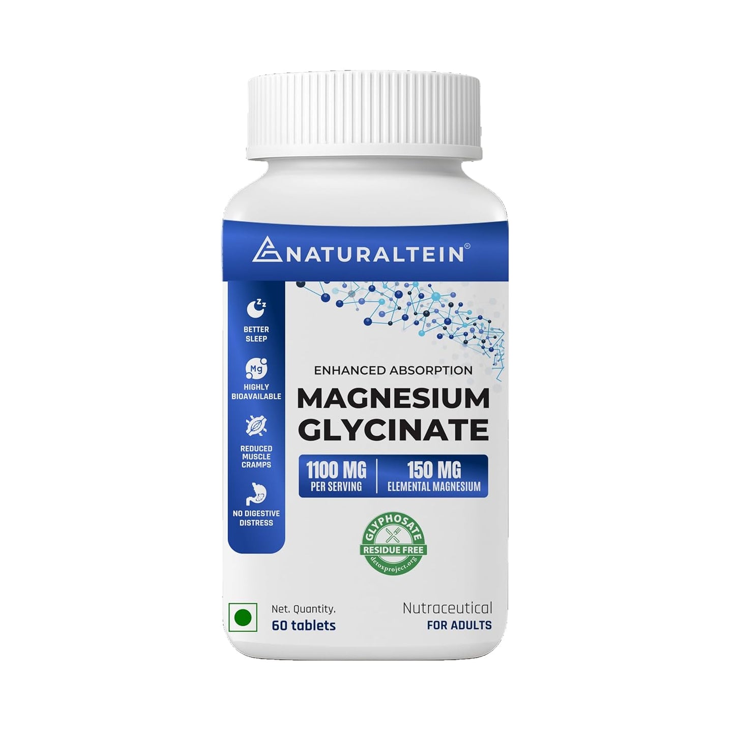 Bottle of Naturaltein Magnesium Glycinate supplement on a white background