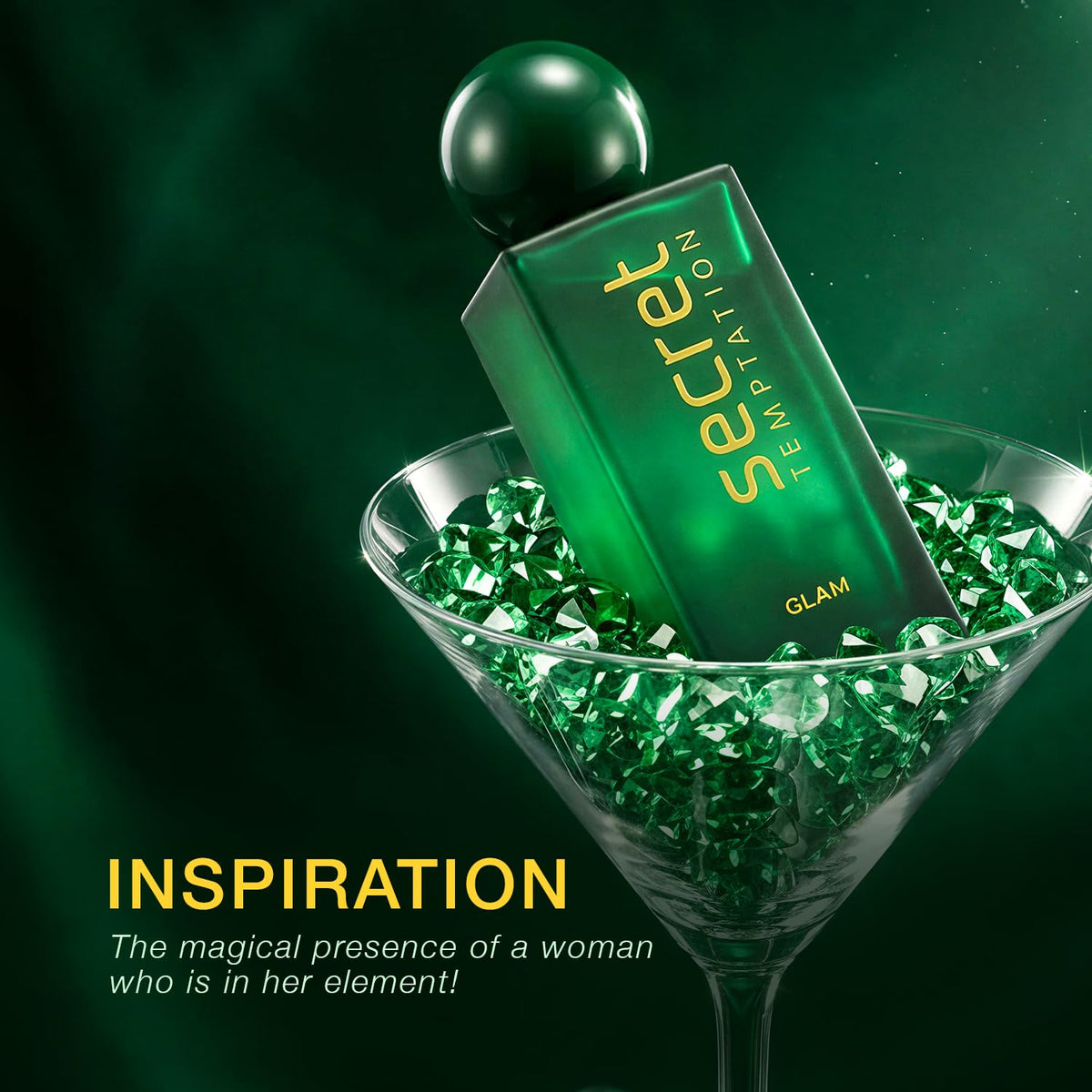Green bottle with 'secret temptation' text in a glass filled with green crystals on a dark background.