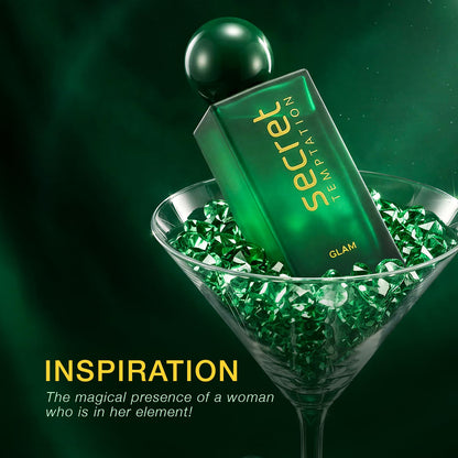 Green bottle with 'secret temptation' text in a glass filled with green crystals on a dark background.