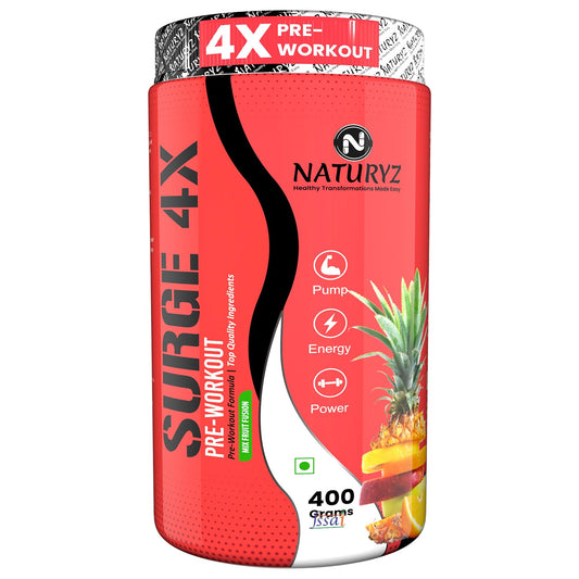 Naturyz Surge 4X pre-workout supplement container with pineapple illustration on a white background