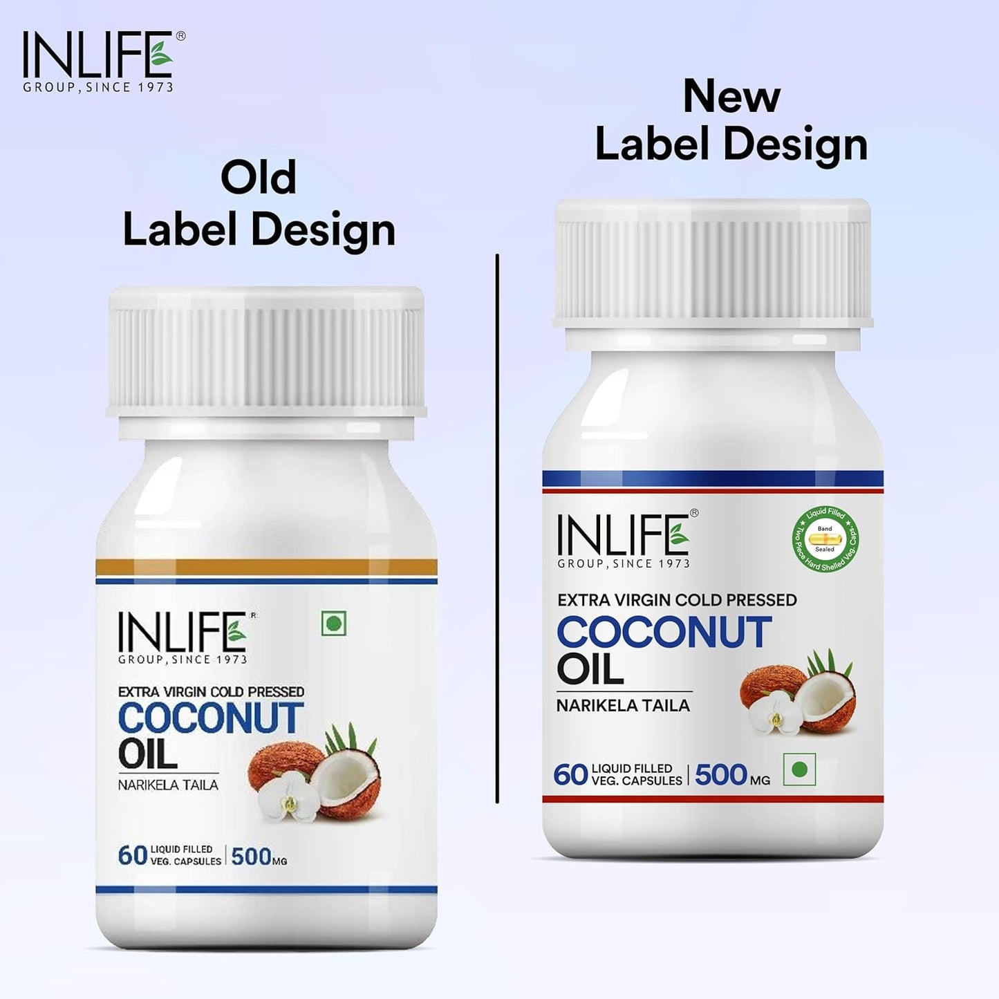 INLIFE Coconut Oil Capsules | Extra Virigin Cold Pressed | 500mg per Serving | Supports Keto & Well-being - 60 Vegetarian Capsules (Pack of 1)