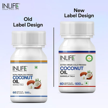INLIFE Coconut Oil Capsules | Extra Virigin Cold Pressed | 500mg per Serving | Supports Keto & Well-being - 60 Vegetarian Capsules (Pack of 1)