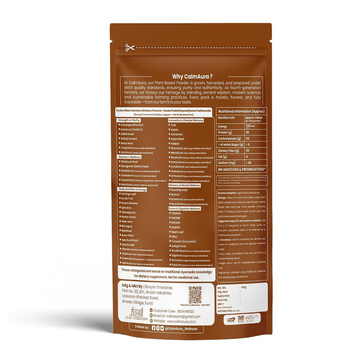 CalmAura Hadjod Powder Cissus Quadrangularis | Ayurvedic Bone Strength & Fracture Recovery Supplement | Joint Pain Relief & Ligament Support | Natural Calcium Herbal Powder 100g
