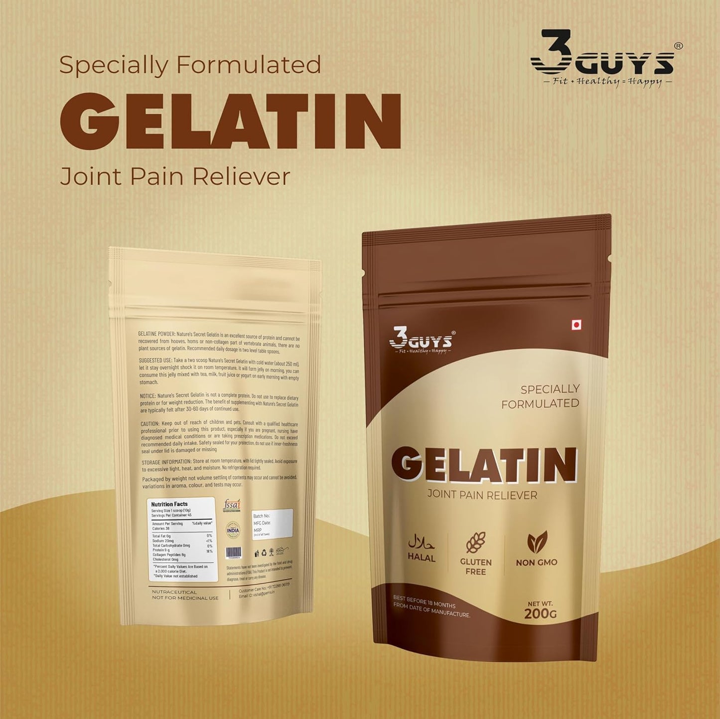 3 GUYS Edible Gelatin Powder 200g for Food & Cosmetic Use | Natural Joint Pain Reliever & Digestion Support | Unflavoured Base for DIY Peel-Off Face Masks & Hair Removal | Gluten-Free, Halal & Non-GMO