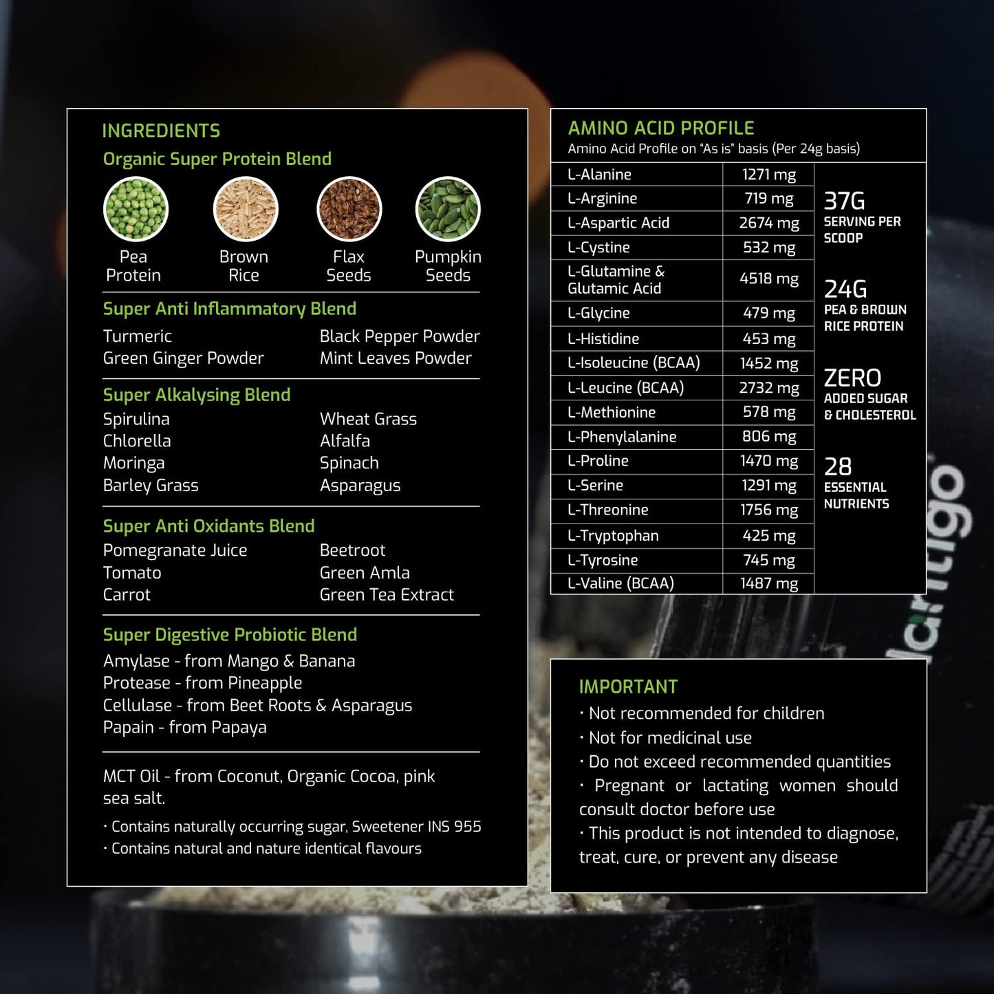 Nutritional information and ingredient list on a dark background