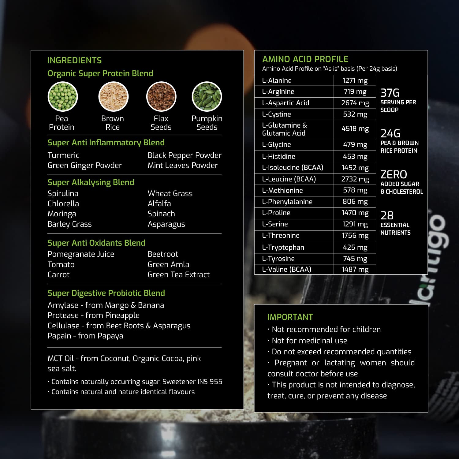 Nutritional information and ingredient list on a dark background