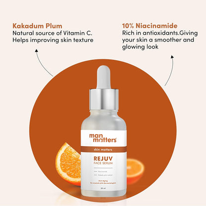 Man Matters Rejuv Face Serum | Radiant Skin, Fights Acne, Acne Scars, Aging & Dark Spots | 10% Niacinamide & 2% Kakadu Plum (The purest form of Vitamin C) | Co-created by Dermatologists | 30 ml
