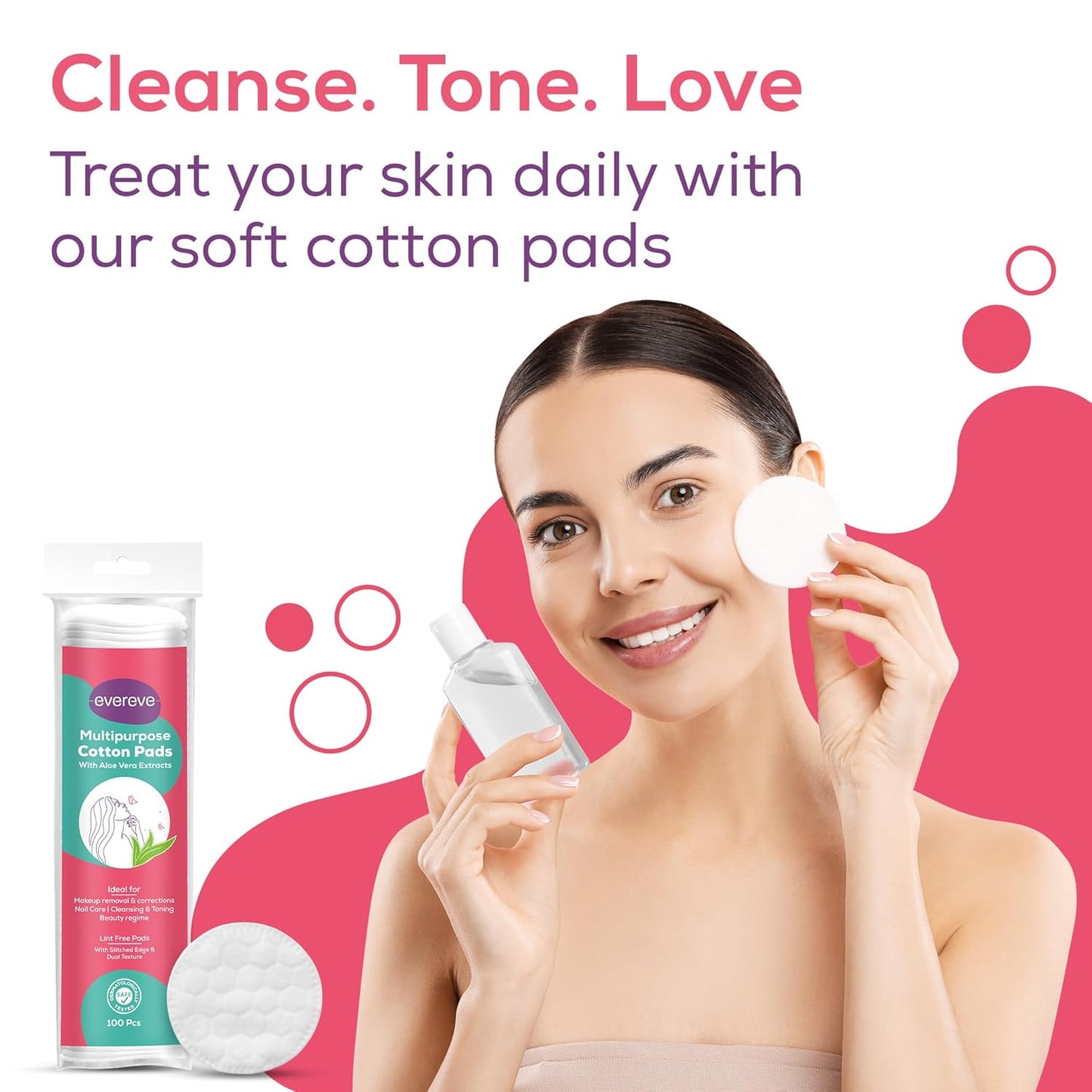 Evereve Multipurpose Cotton Pads, 200 Pcs, 100% Cotton, With Aloe Vera Extracts, Embossed, Double Sided, For Skin Cleaning, Eye & Face Makeup Removal, Nail Polish Removal, Pack of 2 (100's each)