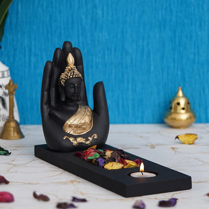 eCraftIndia Gold & Black Polyresin Palm Buddha Showpiece with Rectangle Wooden Base, Fragranced Petals & Tealight