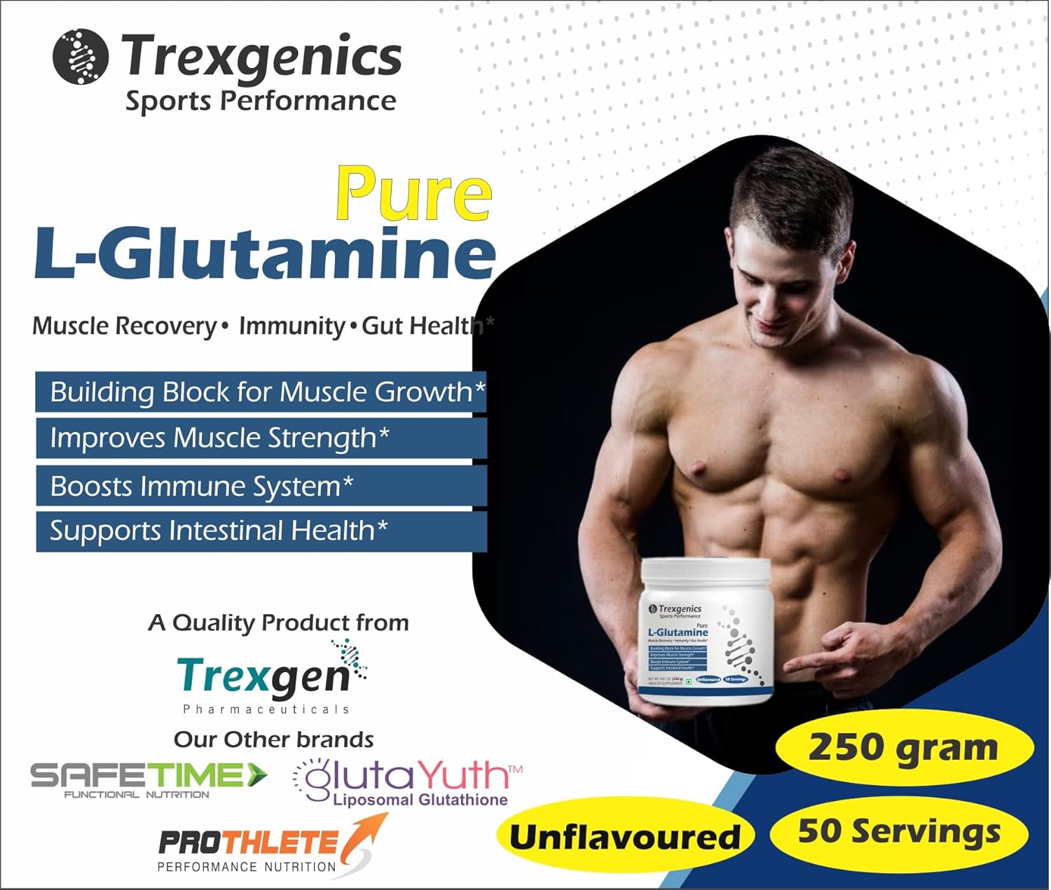 Advertisement for Trexgenics Pure L-Glutamine supplement showing a muscular man holding the product.