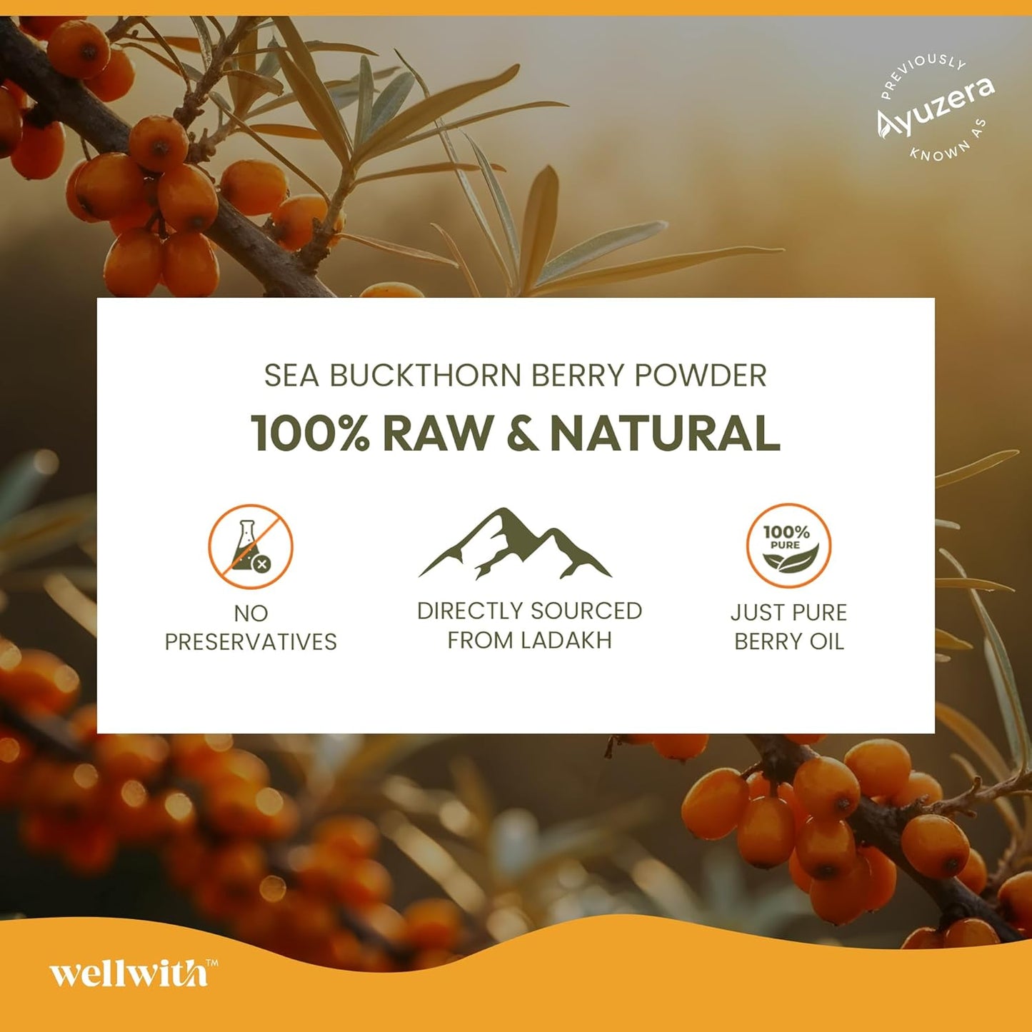 Wellwith (Ayuzera) Sea Buckthorn Berry Oil Vegan Omega 7 500mg, 30 Veg HPMC Capsules (Pack of 1), 15-Day Supply| Sea buckthorn capsules rich In Omega 3, 6, 7 & 9 For Muscle, Bone, Heart & Skin