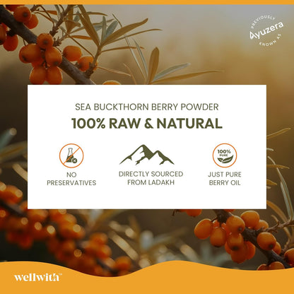Wellwith (Ayuzera) Sea Buckthorn Berry Oil Vegan Omega 7 500mg, 30 Veg HPMC Capsules (Pack of 1), 15-Day Supply| Sea buckthorn capsules rich In Omega 3, 6, 7 & 9 For Muscle, Bone, Heart & Skin