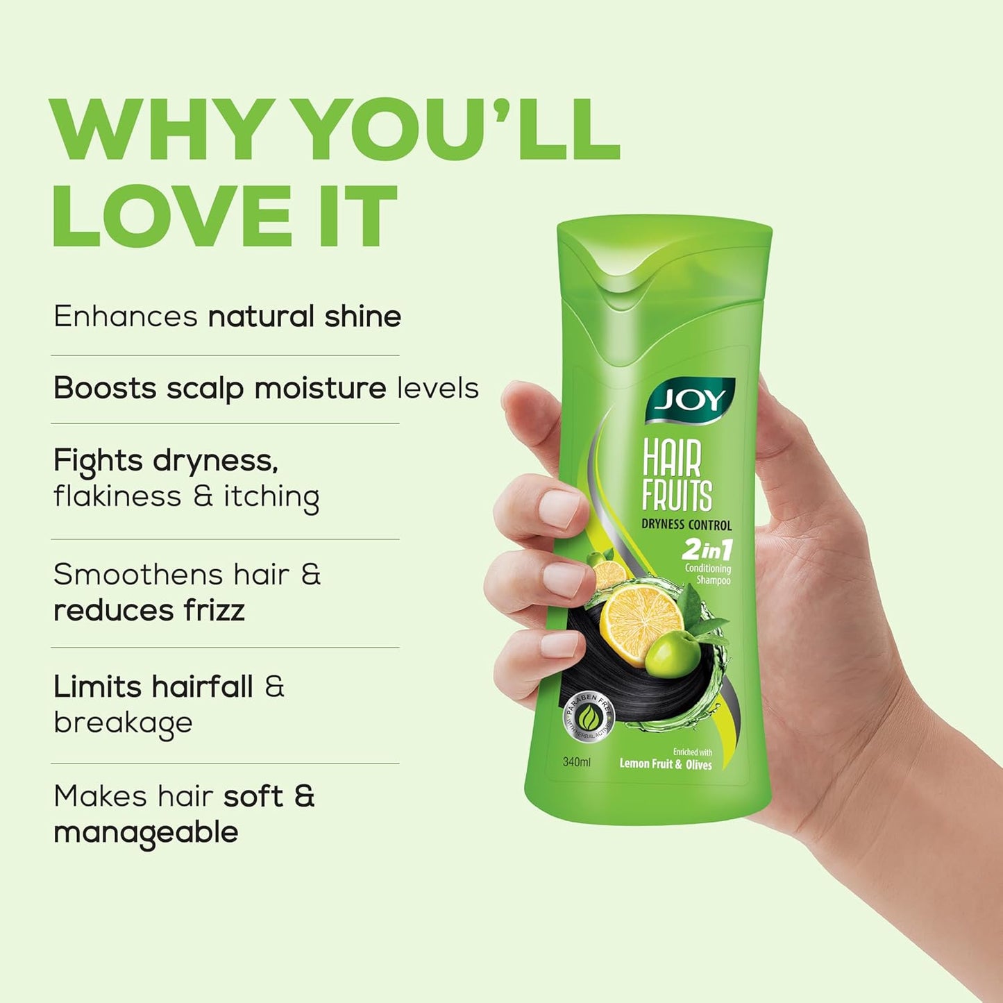 Joy Hair Fruits Hair Dryness Control Conditioning Shampoo Enriched with Lemon & Olives, 340 ml