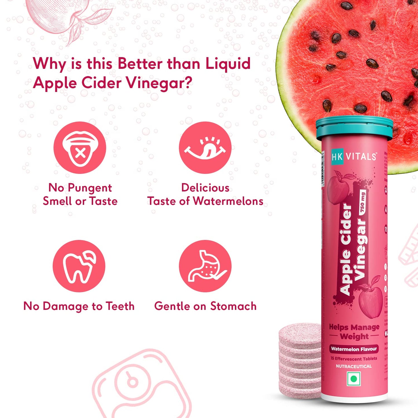 HealthKart HK VITALS Apple Cider Vinegar 750mg (Watermelon, 15 Effervescent Tablets) Pack of 4| For Weight Management & Gut Health, Supports Digestion