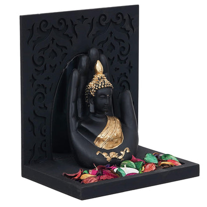 eCraftIndia Gold & Black Polyresin Palm Buddha Showpiece with Rectangle Wooden Base and Background, Fragranced Petals & Tealight
