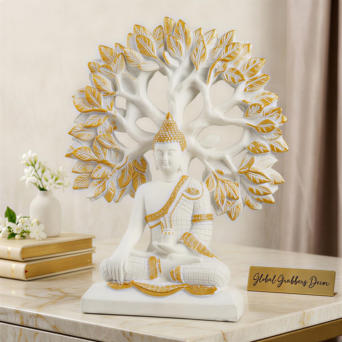 Global Grabbers Buddha Statue Showpiece Idol Home Decor Decoration Items for Living Room and Gifts (White)