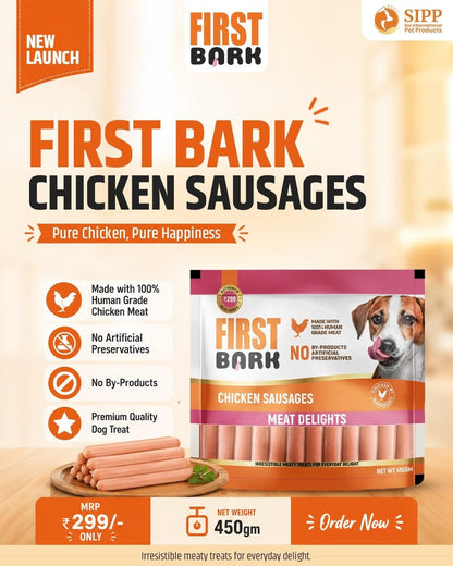 First Bark Chicken Sausages for Dogs 450g (Pack of 1), High Protein Made with 100% Human Grade Chicken Meat Dog Treats, Soft & Tasty Training Snacks for All Dog Breeds Newly Launched By DogsNCats