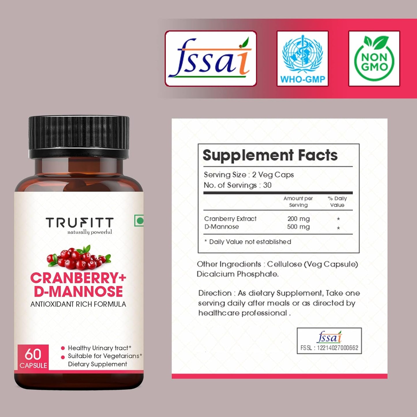 Trufitt Cranberry + D-Mannose Antioxidant For Kidney Health & Urinary Tract Health Support - 60 Capsules