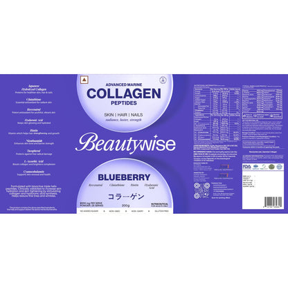 Beautywise collagen peptides label with blueberry flavor on a white background