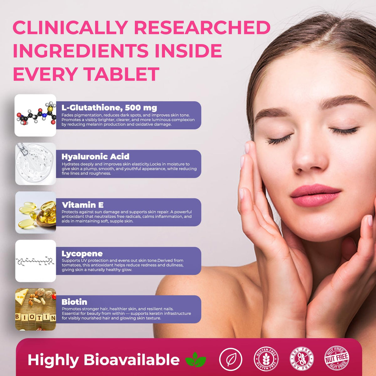 Advertisement for skincare product with clinical research on ingredients and a woman touching her face.