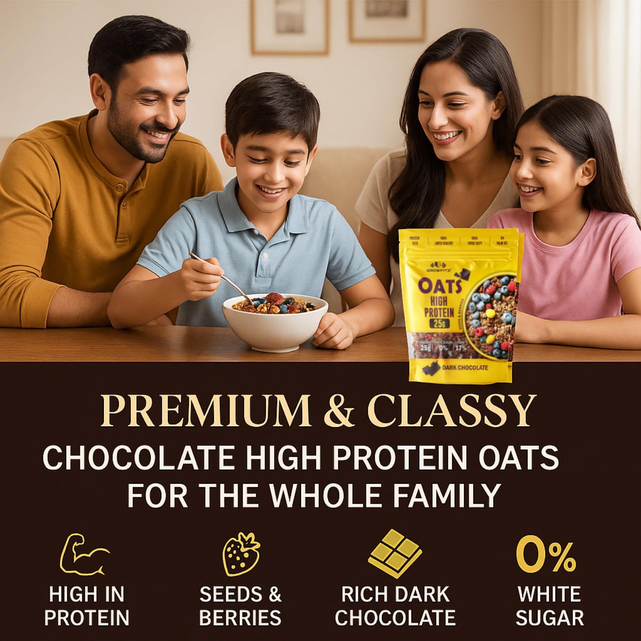 Growfitz 25g High Protein Oats 800 Gram, Pack of 1 | Dark Chocolate Oatmeal | 17g Fiber, No Sugar, With Almonds, Raisin, Pumpkin and Chia Seeds & Healthy Fats | Super Rolled Oats | Breakfast Cereals