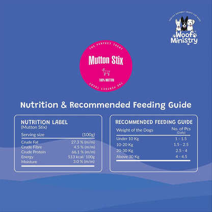 Woof Ministry Mutton Stix for Dogs, Single Ingredient Dehydrated Dog Treats (Non Veg Treats -100 Grams)