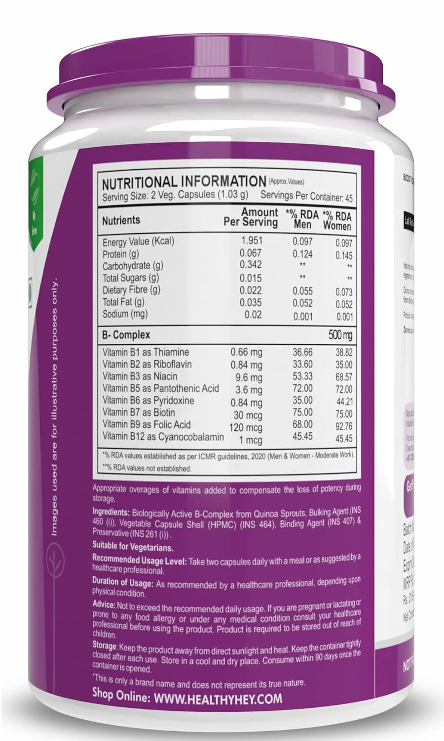 Supplement container with nutritional information label on a white background