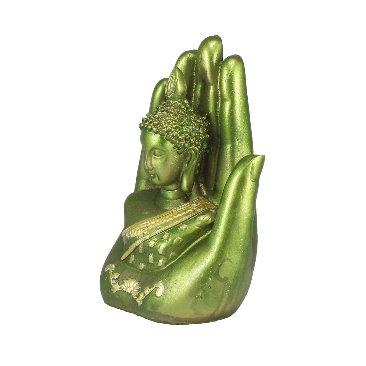 eCraftIndia 'Palm Buddha' Handcrafted (Polyresin, 10 cm x 16 cm, Green and Golden, MSGB527_GR)