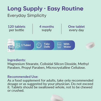 Supplement bottle with label detailing supply, simplicity, and usage instructions on a light blue background.