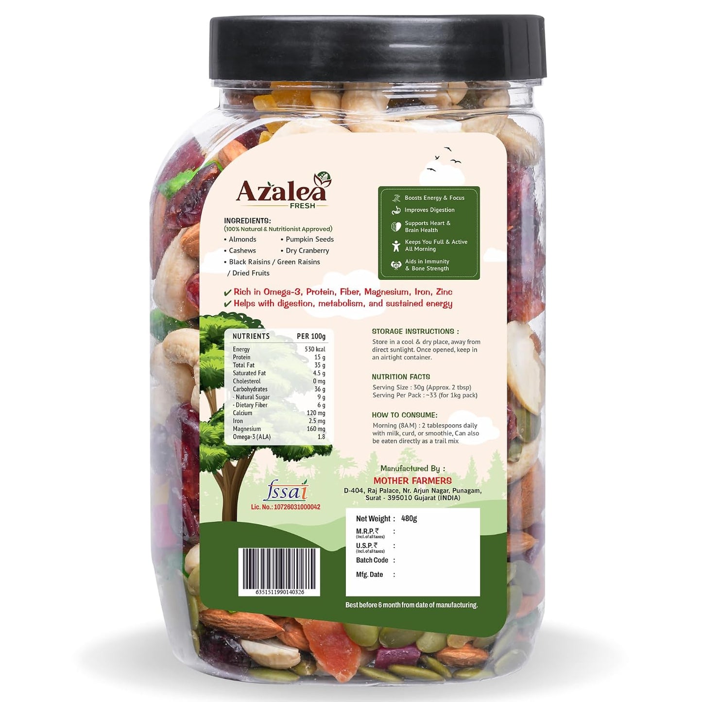 Azalea Fresh Premium Dry Fruits Mix 500gm | Healthy Trail Mix with Almonds, Cashews, Cranberries, Raisins & Seeds | Superfood Nut Mix for Daily Energy & Snacking (500 gram)