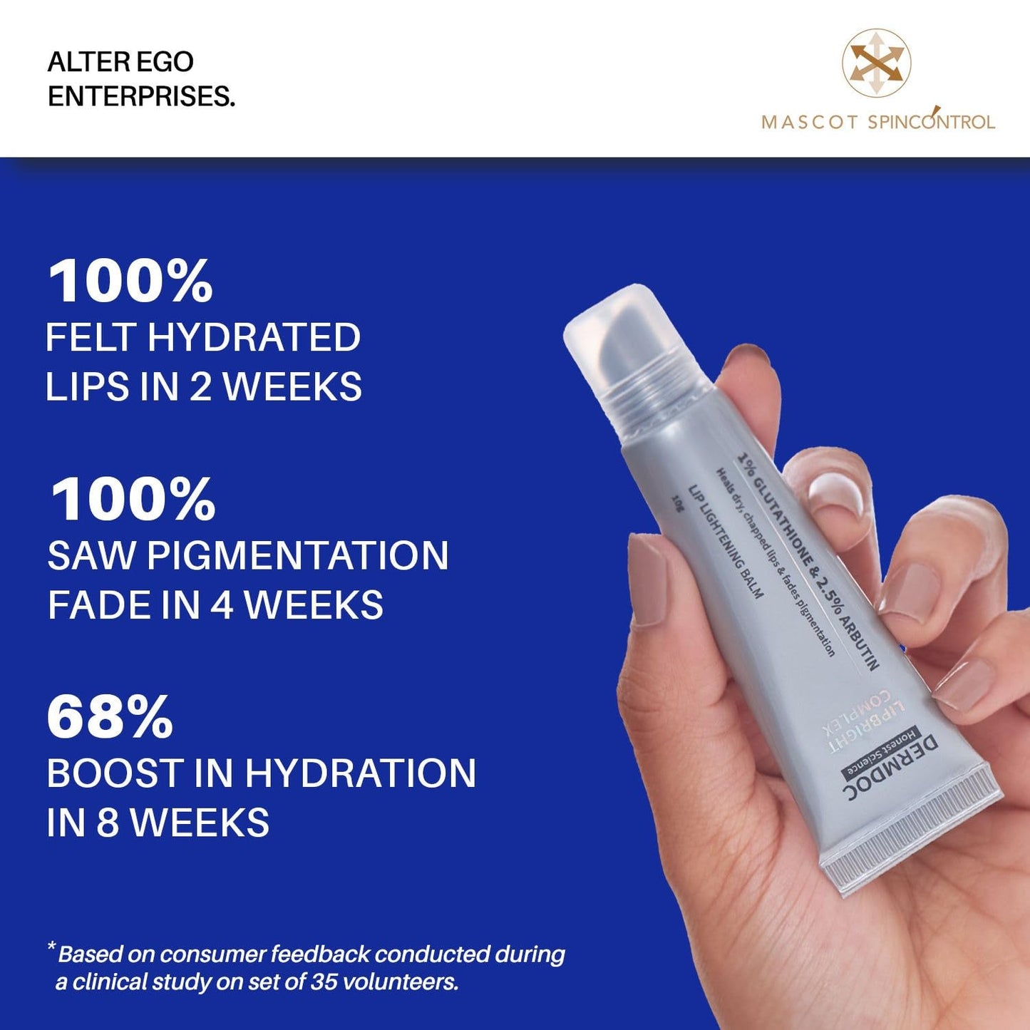 DERMDOC LipBright Treatment with 1% Glutathione + 2.5% Arbutin Lip Balm, 10 gm | Brightens Lip | Reduces Pigmentation | For Dry & Chapped Lips | Lightweight | Non - sticky
